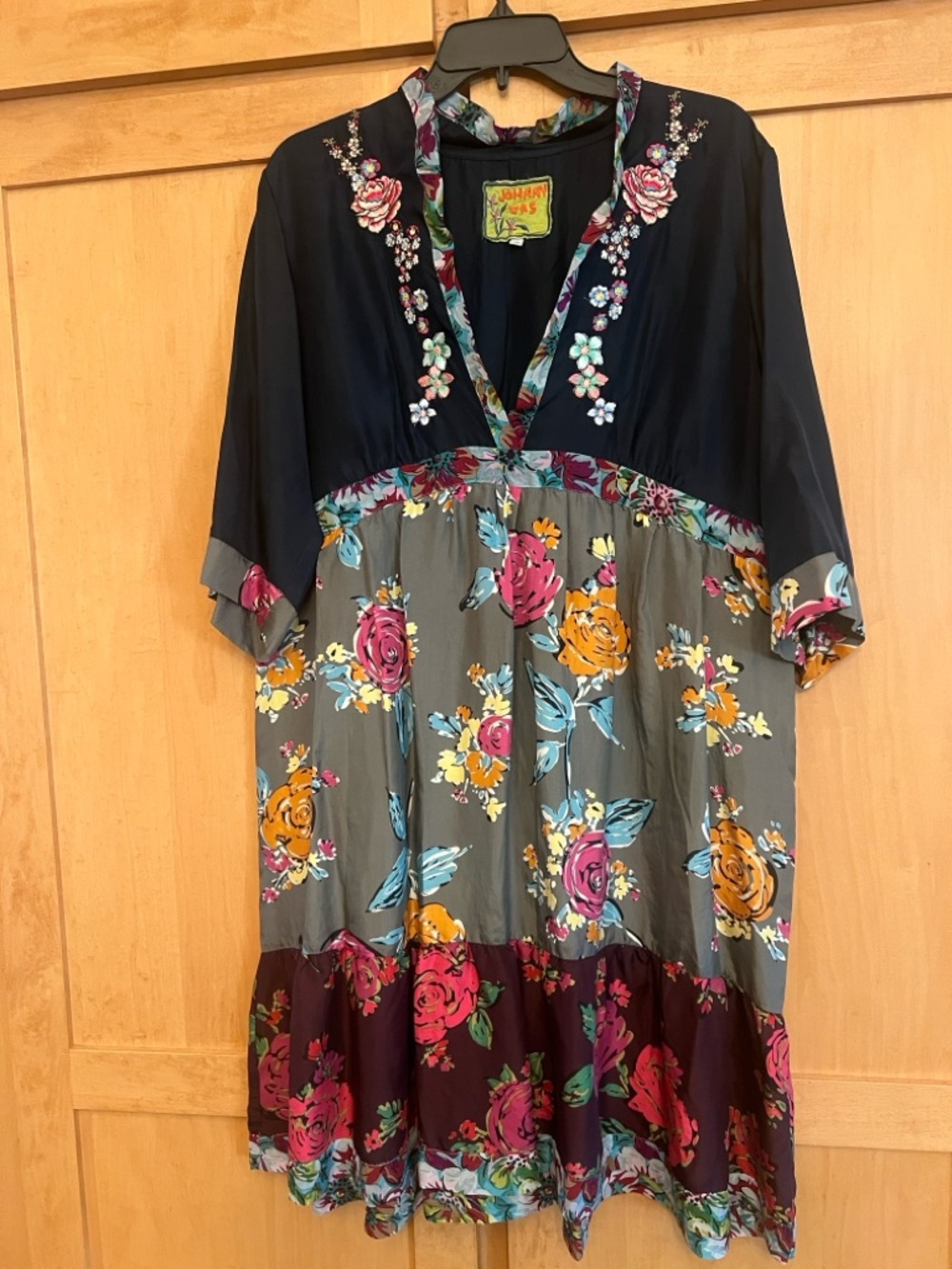 Johnny Was Navy, Gray, Burgundy Floral V-Neck Dress